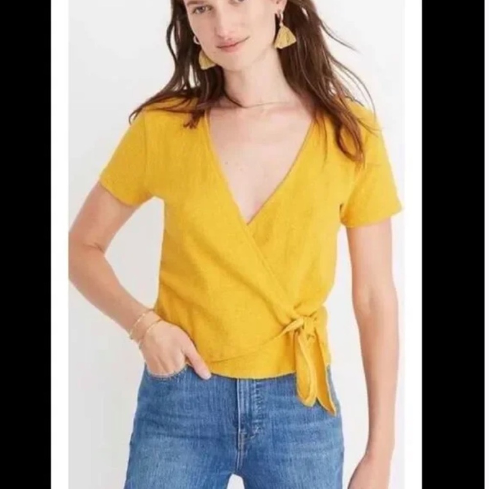 Madewell Faux Wrap Cotton short Sleeve Side tie Top v neck in Red size S